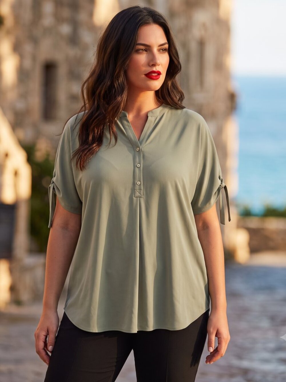 Michael Kors Blouse Top size Small Short Sleeve Ruched Olive Green Khaki